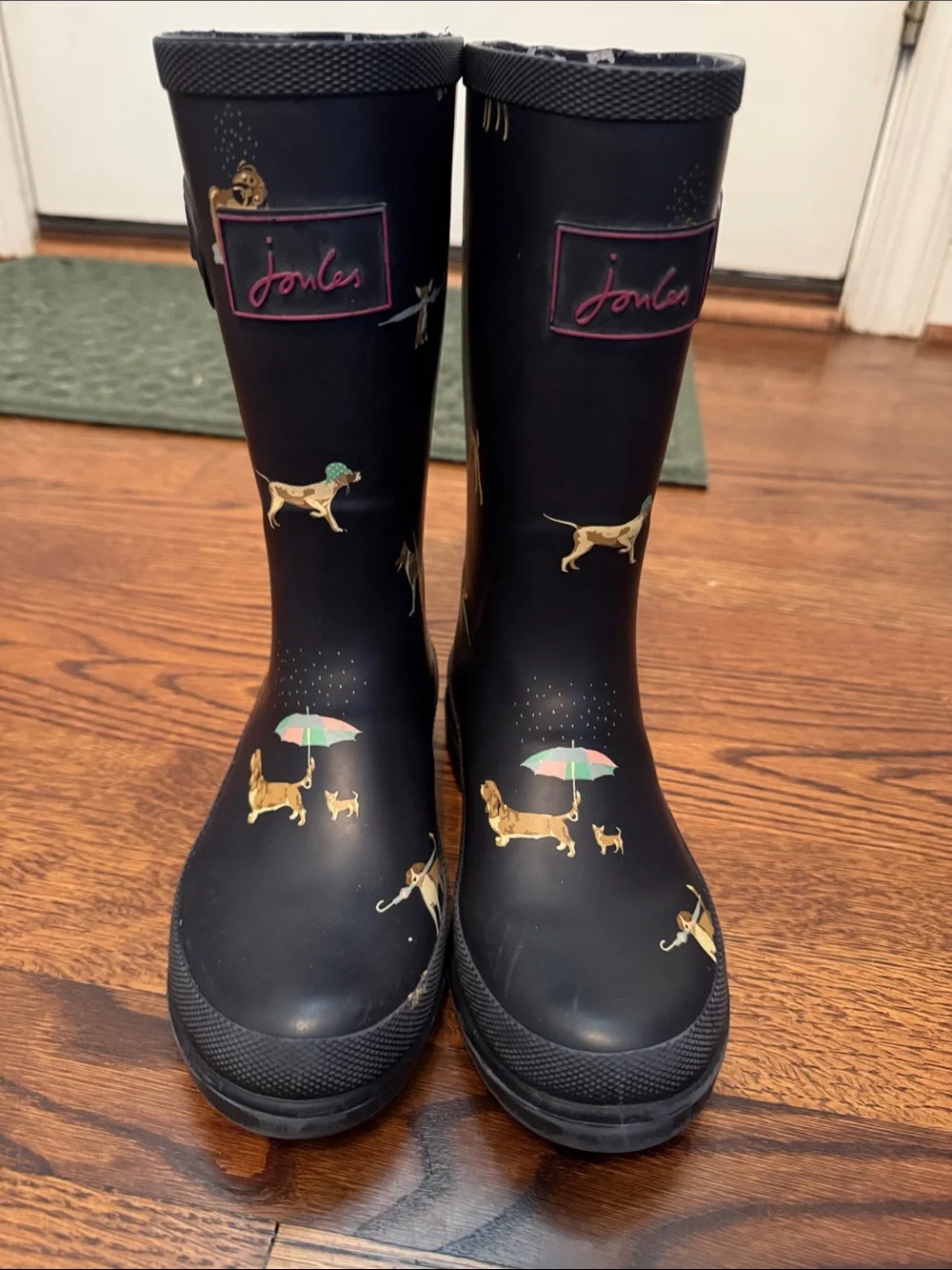 Joules Navy Kids Rain Boots with Dog and Pink Stripe